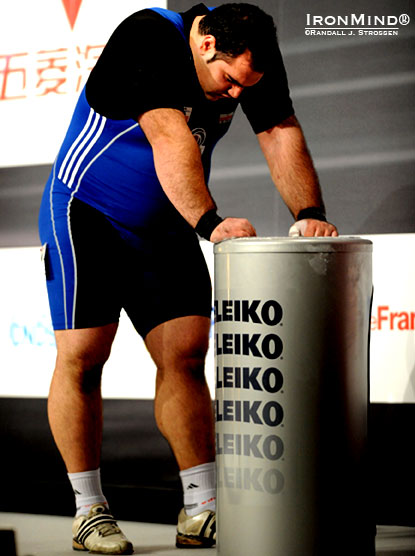 Behdad Salimi moments before he successfully attacked 214-kg for a new world record in the snatch at the World Weightlifting Championships last Sunday.  IronMind® | Randall J. Strossen photo.