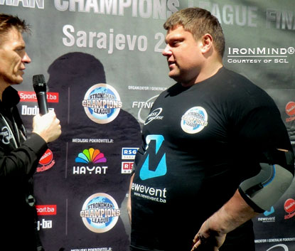 Marcel Mostert (left) said he thinks Zydrunas Savickas (right) will do a 220-kg log this year.  IronMind® | Courtesy of SCL.