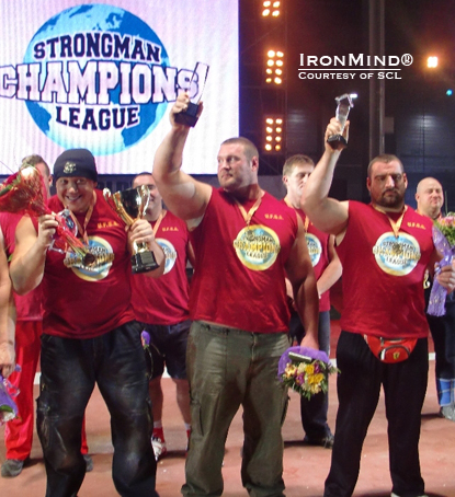 Terry Hollands (center) won the overall 2010 Strongman Champions League title.  Misha Koklyaev (left) was third and Ervin Katona (right) was second.  IronMind® | Photo courtesy of SCL.