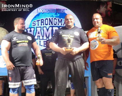 Left to right: Laurence Shahlaei (center) won SCL–South Africa, with Etienne Smit (right) coming in second and Warrick Brant (left) coming in third.  IronMind® | Courtesy of SCL.