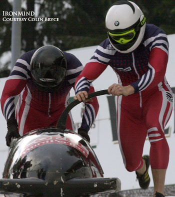Scott Rider (front) and Colin Bryce on their way to the fastest push title at the 2004 British Championships. IronMind® | Photo courtesy of Colin Bryce