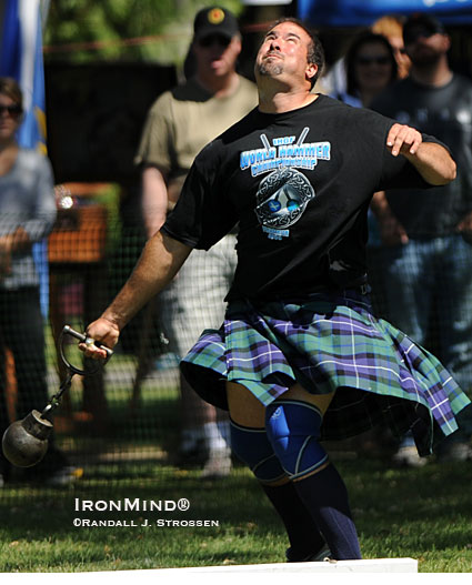 2008 Highland Games world champion Sean Betz (shown competing in Pleasanton, California) is in the star-studded field that opens the IHGF Super Series in Bressuire, France.  IronMind® | Randall J. Strossen photo.
