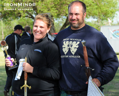 Felecia Simms (women's class) with Sean Betz (pro class) won big at the Wichita Highland Games.  IronMind® | Larry Ventress photo.  