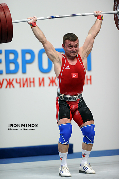 Semih Yagci (Turkey) won the men’s 77-kg class at the European Weightlifting Championships last night, beating Arayik Mirzoyan (Armenia) on body weight with this 192-kg clean and jerk.  IronMind® | Randall J. Strossen photo.