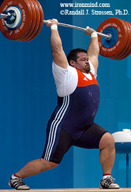 Shane Hamman rewrote the record book at the Athens Olympics, as this 237.5-kg clean and jerk broke the American records in the clean and jerk, and in the total (Athens). IronMind® | Randall J. Strossen, Ph.D. photo.