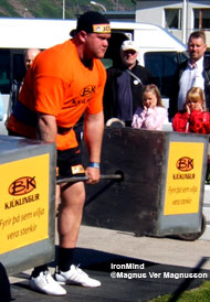 Stefan Solvi Petursson, a name to remember, on the Silver Dollar Deadlift at this weekend's IFSA Iceland's Strongest Viking contest. Incidentally, Magnus Ver Magnusson said that this Silver Dollar Deadlift starts with the bar only about two or three inches higher than a normal bar, "to make more of a lift out of it." IronMind® | Magnus Ver Magnusson photo.