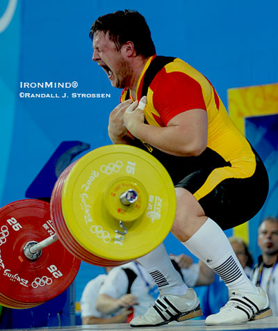 Matthias Steiner had one shot to take the Olympic gold medal in the super heavyweight class back to Germany - all he had to do was clean and jerk 258 kg, and you know what? That's exactly what he did. IronMind® | Randall J. Strossen, Ph.D. photo.
