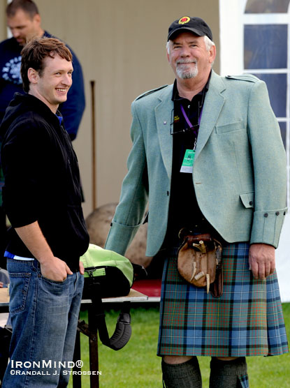 Steve Conway (right) is typical of the world-class organization you will see at every level at the U.S. Invitational Heavy Events Championships. Here, Steve relaxes before another day of officiating at the 2009 World Highland Games Championships in Edinburgh, Scotland. That is Steve’s son, Ryan, on the left and Bill “Full Sterkur” Crawford in the background. IronMind® | Randall J. Strossen photo.