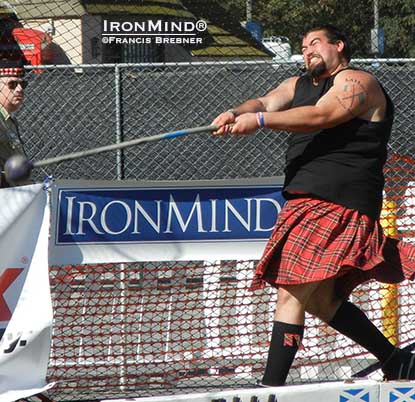Steve Ullom, shown on the 16-lb. hammer, was part of the spirited competition in the A-group competition at the Queen Mary Highland Games.  IronMind® | Francis Brebner photo.