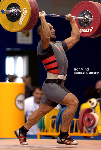 Ivan Stoitsov (Bulgaria) drives himself under 205 kg on the last attempt in the 77-kg category at the World Weightlifting Championships tonight - it was a good lift and gave Stoitsov a pair of gold medals. IronMind® | Randall J. Strossen, Ph.D. photo.