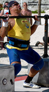 Svend "Viking Power" Karlsen gets ready to launch the Safe Lift at the 2004 MET-Rx World's Strongest Man contest. Read on if want to hear Svend's assessment of the qualifying heats for WSM 2006. IronMind® | Randall J. Strossen, Ph.D. photo.