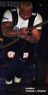 Working like a human winch, Svend Karlsen hits the truck pull at the 2003 Vantaa (Finland) Grand Prix. IronMind® | Randall J. Strossen, Ph.D. photo.