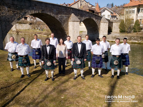 The organizing committe for the Swiss affiliate of the International Highland Games Federation (left to right): Werner Stulz, Norbert Esseiva, Stefan Nigg, Manfred Raemy, Jochen Vonlanthen, Myriam Raemy-Grossrieder, Raphael Burger, Silvio Stritt, Stefan Piller, Albert Studer, Yves Dietrich, André Auderset, Alain Imhof.  IronMind® | Courtesy of Manfred Raemy.