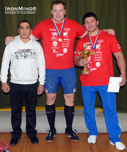 Former World’s Strongest Man finalist Tarmo Mitt (center) won last weekend’s Estonian Tartu Strongman Open.  That’s Abdulo Rahhmatov on Mitt’s right and Shamshod Sadikov on his left.  IronMind® | Photo courtesy of CBFSA.