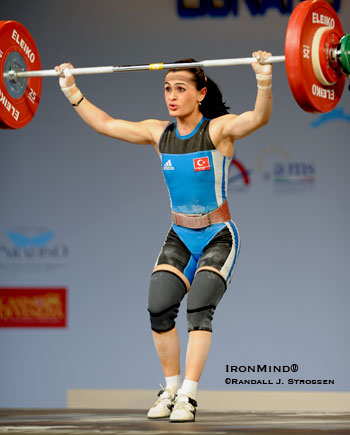 2004 Olympic gold medalist Nurcan Taylan prevailed at the European Weightlifting Championships last night. IronMind® | Randall J. Strossen photo.