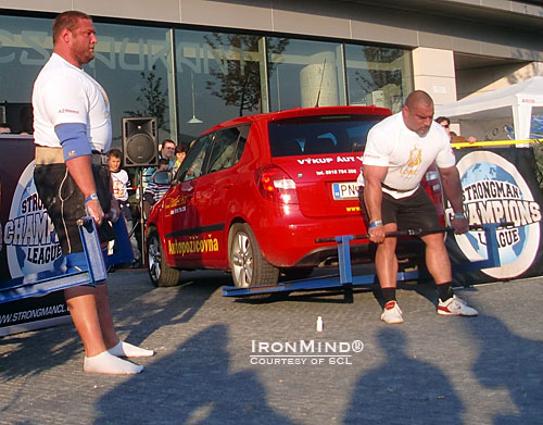 Head-to-head competition featuring top strongman competitors is something you can expect to see Strongman Champions League deliver.  Here, Terry Hollands (left) and Ervin Katona (right) match up in the car deadlift.  IronMind® | Courtesy of SCL.