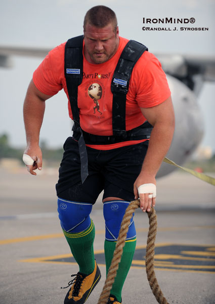 Even though he tore multiple calluses on both hands earlier in the day, Terry Hollands didn’t just finish the Plane Pull at the 2009 World’s Strongest Man contest today - he won the event.  IronMind® | Randall J. Strossen, photo.