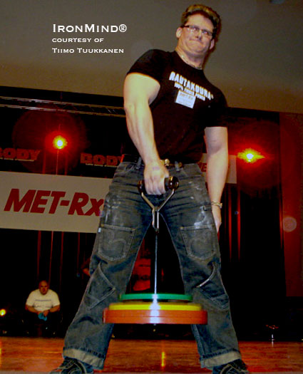 Timo Tukkannen (shown competing at the 2009 European Rolling Thunder® Championships), while fairly new to grip strength, is already making his presence felt: The 188 cm (6’ 2”) and 120 kg (265 lb) Tukkannen told IronMind® that he has “been training about 12 years at the gym more or less regularly, mostly bodybuilding style.  I’m a newbie on grip training since I tried some CoC grippers [Captains of Crush® Grippers] first time ever at exhibition autumn 2008.”  IronMind® | Photo courtesy of Timo Tukkannen.