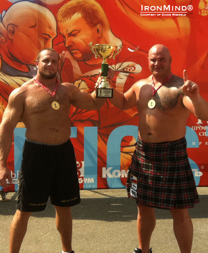 Travis Ortmayer (left) and Andy Vincent (right) won Pacific Strong/PLSE USA vs. Russia strongman contest in Vladivostok, Russia yesterday.  IronMind® | Courtesy of Dione Wessels.