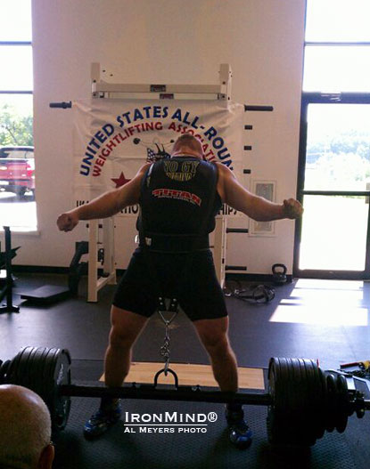 Not a bad place to hit a huge PR: Chad Ullom goes 150-lb. above his best to make this 900-lb. USAWA Neck Lift in York, Pennsylvania this weekend.  IronMind® | Al Meyers photo.