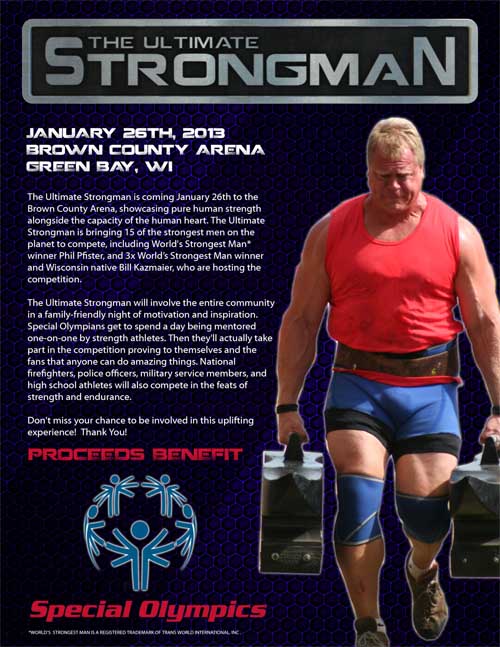 Top strongman competitors plus expert commentary by 3x World’s Strongest Man winner Bill Kazmaier and 2006 World’s Strongest Man winner Phil Pfister—all that at the Ultimate Strongman competition.  IronMind® | Artwork courtesy of Jason Buechel.