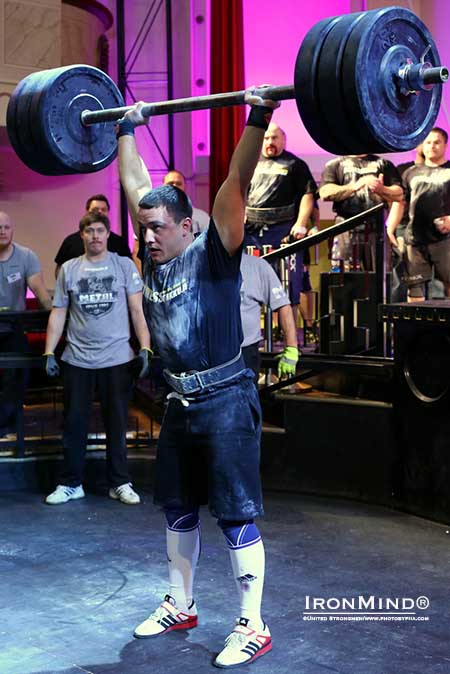 Valdas Kazakevicius, the inaugural United Strongmen 105-kg Men’s Strongman world champion, set their world record on the IronMind Apollon’s Axle Overhead Lift with this 160-kg success.  IronMind® | Photo courtesy of United Strongmen/www.photobypiia.com