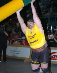 Vasyl Virastiuk (Ukraine) powers through the Fingal's Fingers at the 2004 World Muscle Power Championships (Dolbeau-Mistassini, Quebec). IronMind® | Randall J. Strossen, Ph.D. photo.