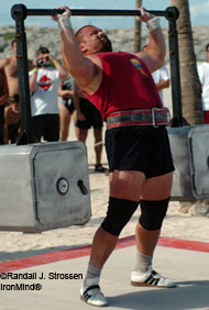 2004 World's Strongest Man winner Vasyl Virastyuk, bangs away on the overhead safe lift (Paradise Island, Bahamas). IronMind® | Randall J. Strossen, Ph.D. photo.