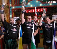 (left to right) Here are the top three from the World Strongman Cup contest in Vienna: Vasyl Virastyck (second), Stoyan Todorchev (first) and Ervin Katona (third). IronMind® | Photo courtesy of World Strongman Cup.