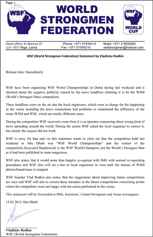 WSF Founder Vlad Redkin’s statement on the recently held WSF Strongmen Championships held in Abu Dhabi.  IronMind® | Courtesy of WSF.