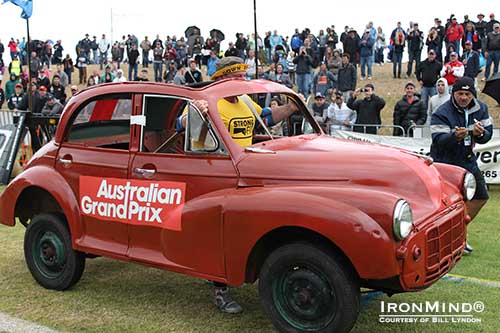 Warrick Brant on the Car Walk, an appropriate event especially since the StrongFit competition was run alongside the Australian Formula One Grand Prix®.  Four divisions of Bill Lyndon’s StrongFit Championships “were contested over this period with a StrongFit Champion crowned each day,” Bill Lyndon told IronMind.  IronMind | Photo courtesy of Bill Lyndon.  