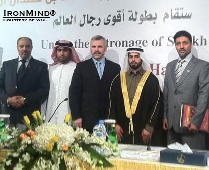 Vlad Redkin (third from left) with Sheikh Hamdan bin Mohammed bin Hamdan Al Nahyan (fourth from left), sponsor of the 2012 WSF Strongman Championships, February 11–13 in Abu Dhabi.  IronMind® | Courtesy of WSF.