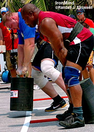 Tarmo Mitt nips Mark Felix at the line, to win his heat in the power stairs and finish second overall in the event. IronMind® | Randall J. Strossen, Ph.D. photo.
