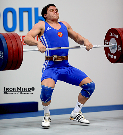 Going for the gold: Aleksey Yufkin pulls himself under this 215-kg clean and jerk at the 85-kg category at the European Weightlifting Championships.  IronMind® | Randall J. Strossen photo.
