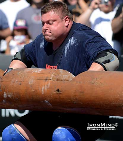 Zydrunas Savickas continues to rewrite the world record book on the log lift and his most recent  entry is from the World’s Strongest Man contest a few days ago, where he succeeded with this 220-kg log.  IronMind® | Randall J. Strossen photo.