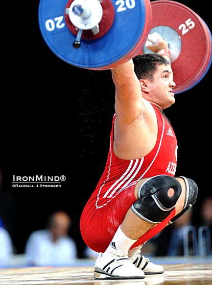 Intigam Zairvov (Azerbaijan) had things pretty much his own way in the men’s 94-kg category at the Weightlifting Test Event as London prepares for the 2012 Olympic Games.  IronMind® | Randall J. Strossen photo.
