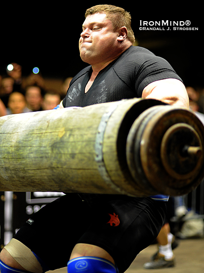 Zydrunas Savickas set a new strongman world record in Paris today - lifting a 160-kg log from the ground to arm’s length overhead for six reps in one minute.  IronMind® | Randall J. Strossen photo.