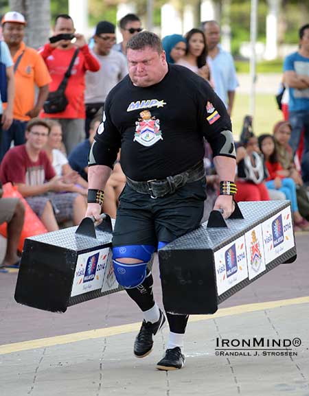 Zydrunas Savickas, the defending SCL world champion, capped off a strong first day of competition with a win in the Farmer’s Walk, and he goes into tomorrow as the leader.  IronMind® | Randall J. Strossen photo