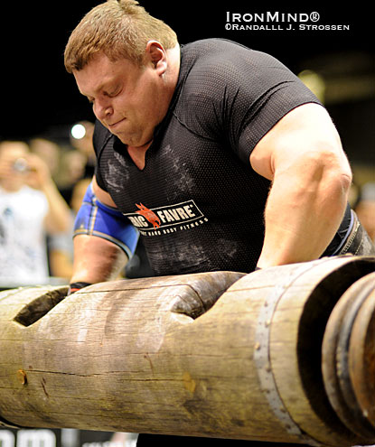 In the days of some of the biggest names in strongman history, a log lift in the range of 160 kg was world class.  In Paris earlier this year, Zydrunas Savickas banged out 6 reps on a 160-kg log in less than one minute for a new Strongman Champions League (SCL) record.  IronMind® | Randall J. Strossen photo.