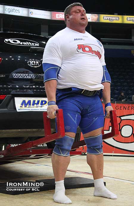 Zydrunas Savickas, en route to his overall victory at the MHP Strongman Champions League–Lithuania, won the 390-kg Car Deadlift with 9 reps.  IronMind® | Photo courtesy of SCL. 