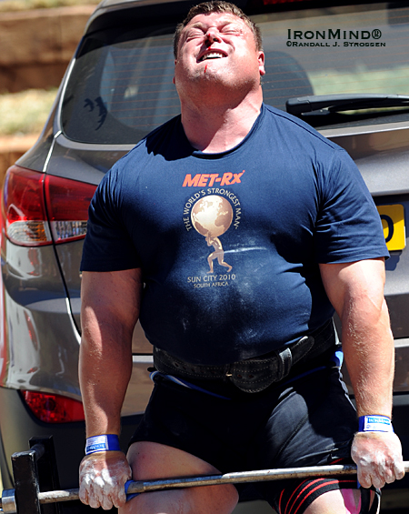 2009 World’s Strongest Man winner Zydrunas Savickas drew blood on the Car Deadlift, defending the biggest title in strongman.  IronMind® | Randall J. Strossen photo.