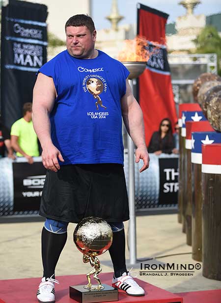 Zydrunas Savickas won his fourth World’s Strongest Man title yesterday, at the Commerce Casino and Hotel.  IronMind® | Randall J. Strossen photo